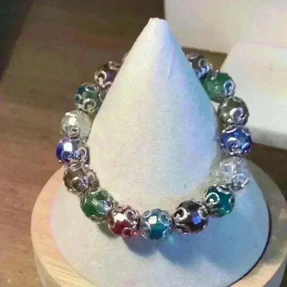 Vintage Faceted Beaded Bracelet Rainbow Glass Silver Tone
